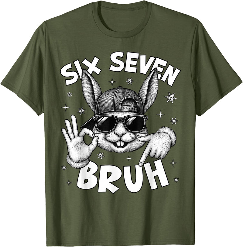 67 Six Seven Bruh Cute Bunny Face with Sunglasses Easter Day T-Shirt in Olive Green
