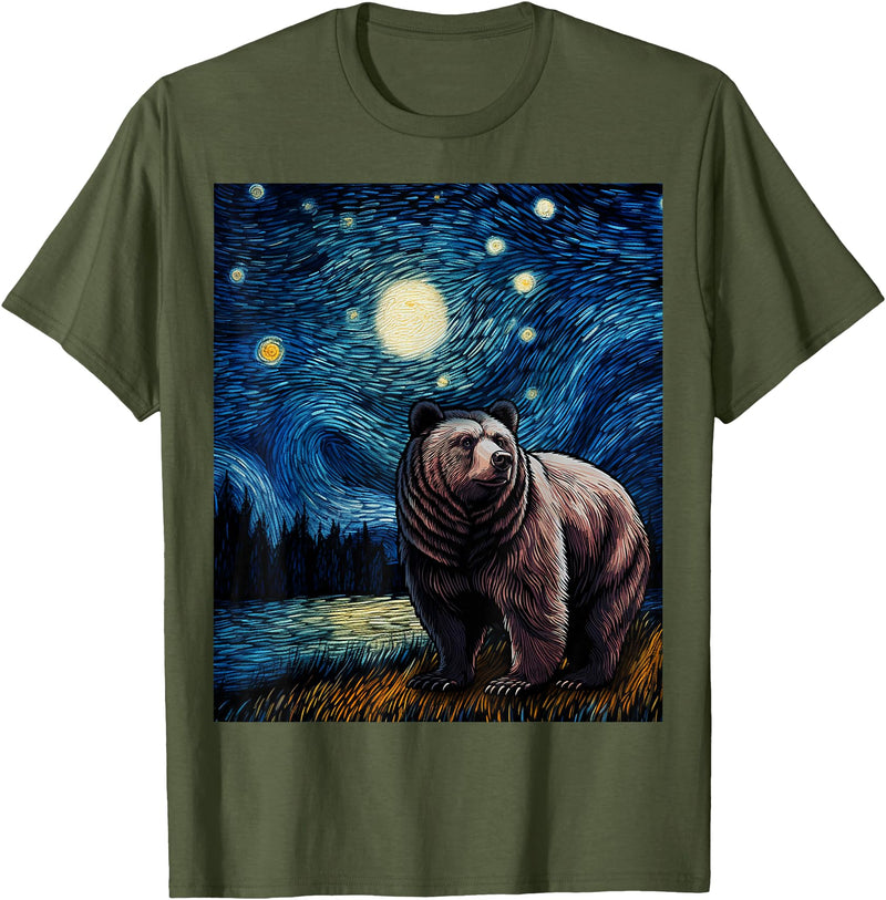 Starry Night Wildlife Graphic Grizzly Bear Van Gogh Starry Night Grizzlies Animal T-Shirt - Olive Green