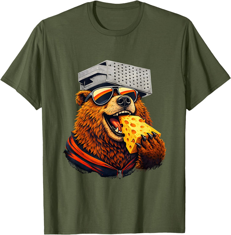 Retro Bear with Cheese for Boys Funny Animal humor Retro Bear Eating Cheese with a Grater Hat T-Shirt - Olive Green