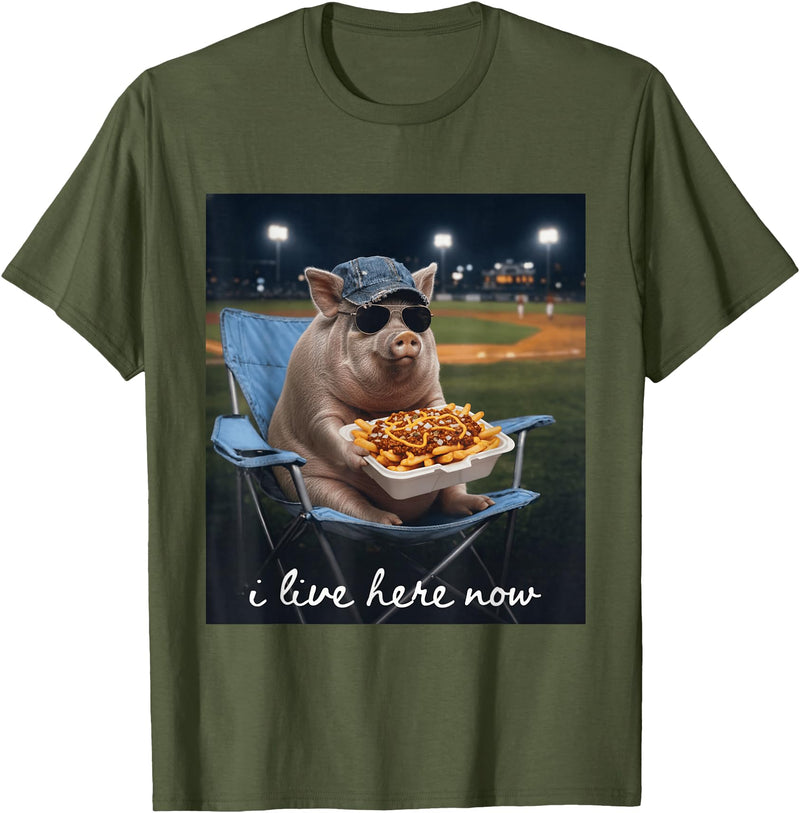 Funny Men Women Pig Baseball Outfit Funny Pig Baseball I Live Here Now T-Shirt - Olive Green