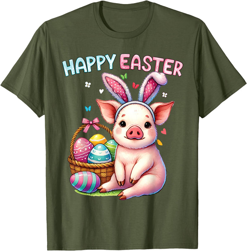 Farm Animal Lovers Cute Pig Easter Holiday Gifts Happy Easter Farm Animal Pig Lovers Bunny Women Kids Girls T-Shirt - Olive Green