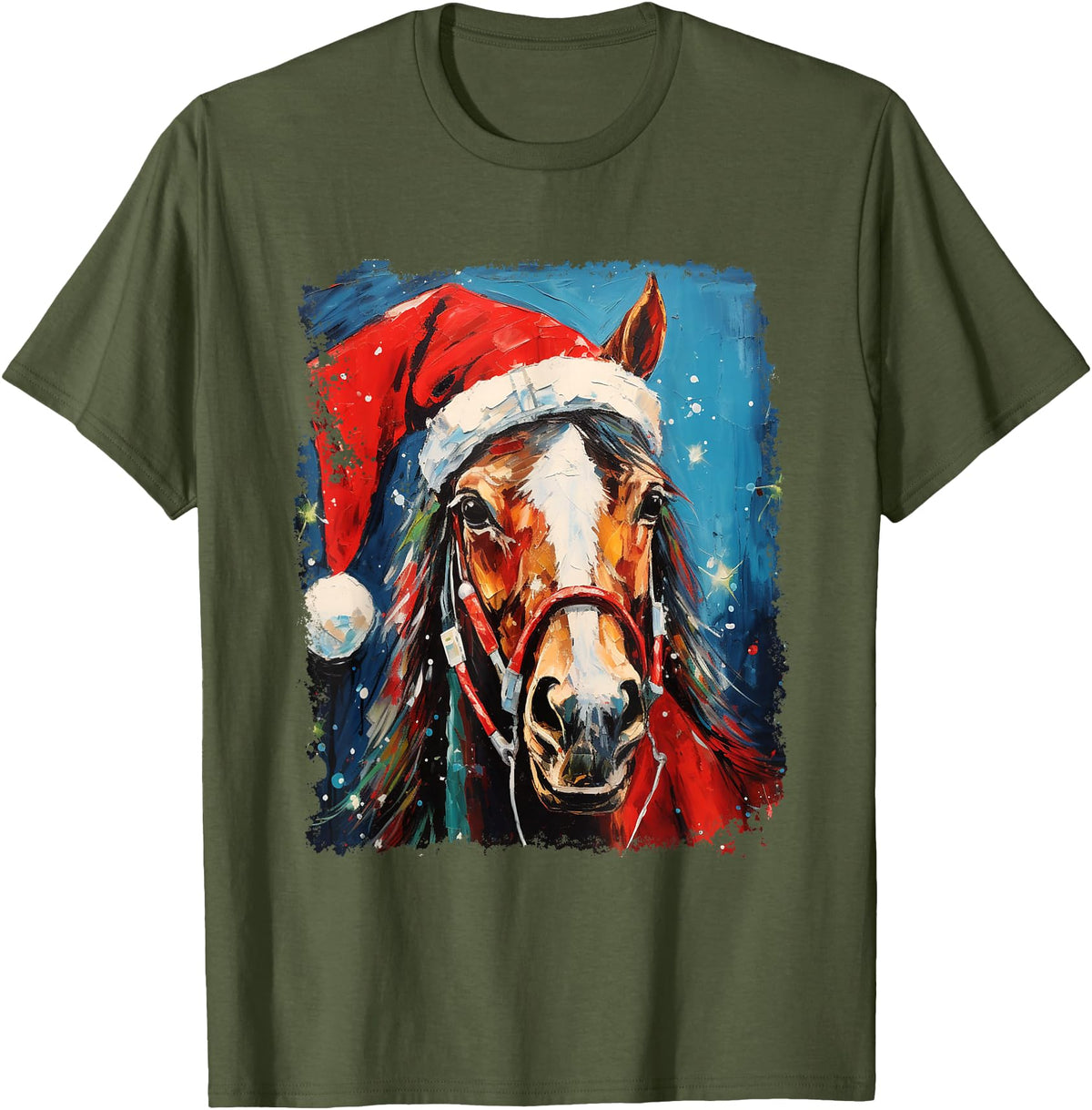 AnimalGraphicPrints Horse Christmas T-Shirt - Olive Green