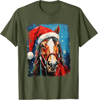AnimalGraphicPrints Horse Christmas T-Shirt - Olive Green