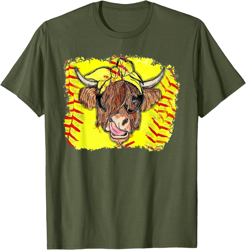 Softball Highland Cow With Bandana Glasses Happy Mother's T-Shirt - Olive Green
