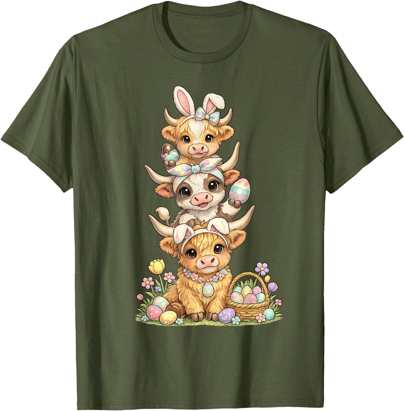 Western Easter Highland Cows Tees Western Easter Highland Cow Cute Bunny Cow Eggs Farmer Girls T-Shirt - Olive Green