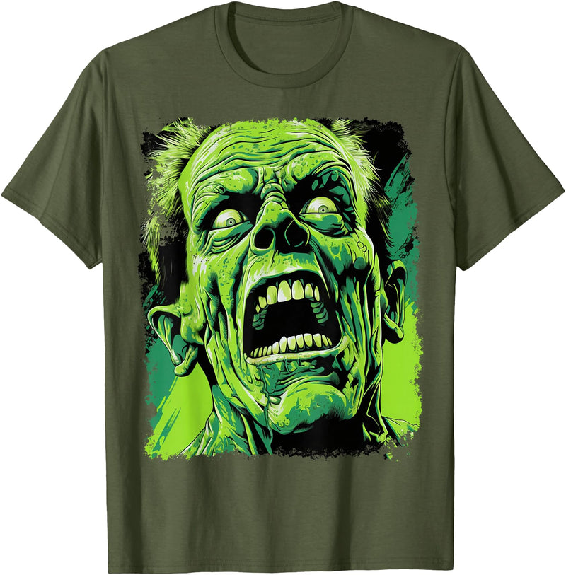 FrightNightFits Classic Horror Green Evil Crazy Scientist Freak Halloween T-Shirt - Olive Green