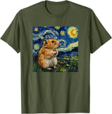 Cute Van Gogh Hamster Starry Night Funny Women & Men T-Shirt - Olive Green