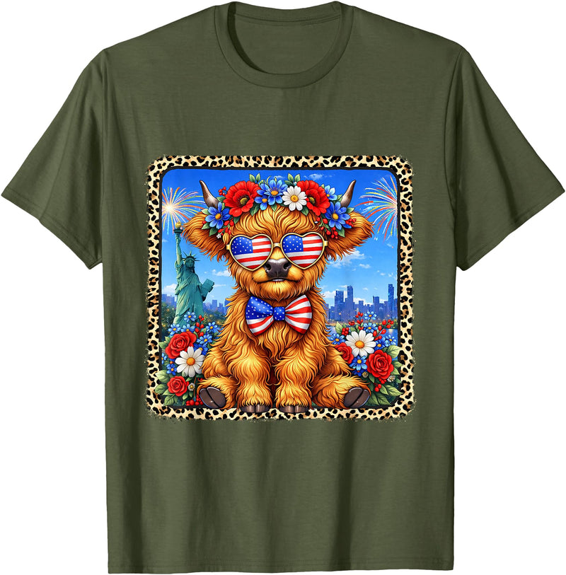 4th of July Apparel 4th of July Cow Patriotic Heart Glasses USA Floral Leopard T-Shirt - Olive Green