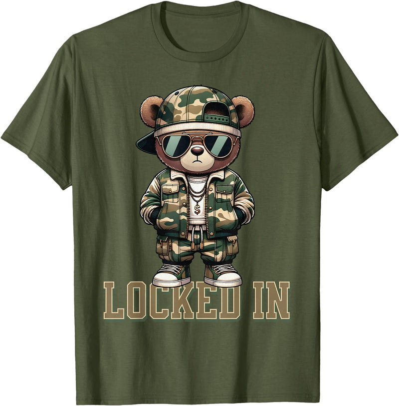 Boys & Mens Camouflage Teddy Bear Streetwear Gear Camo Hip Hop Teddy Bear Locked In Saying Hustle Money Grind T-Shirt - Olive Green