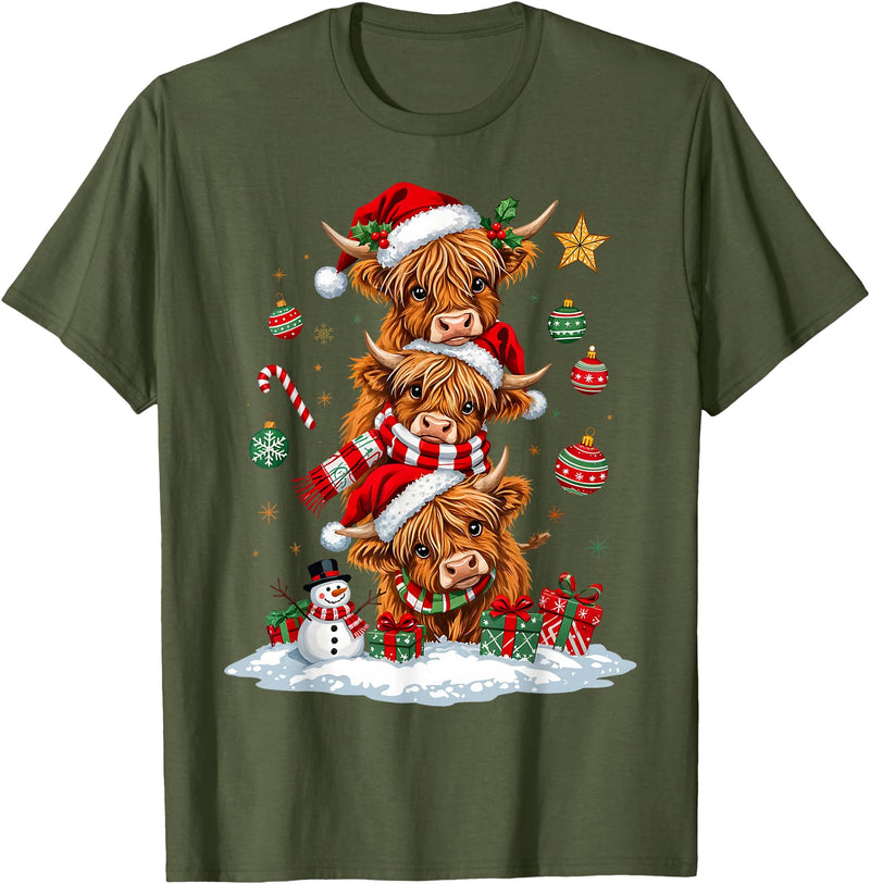 Highland Cow Christmas Winter Tree Farm Women Girl Funny Xmas Merry Moo Cows Highland Cow Christmas Snowman T-Shirt - Olive