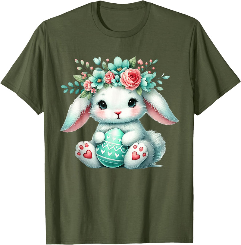Easter Bunny with Flower Crown Girls Women Floral Cute T-Shirt in Olive Green