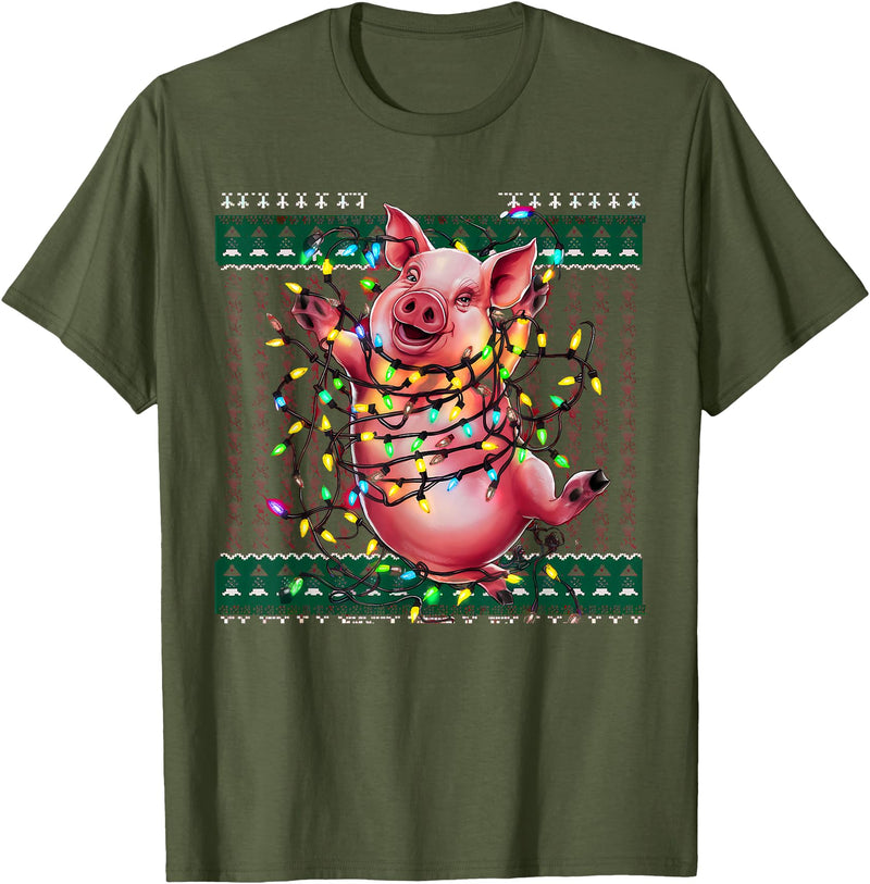 Christmas Sweater Tshirt For Men Women Santa Claus Christmas Family Xmas Ugly Christmas Outfit Merry Pig T-Shirt - Olive Green