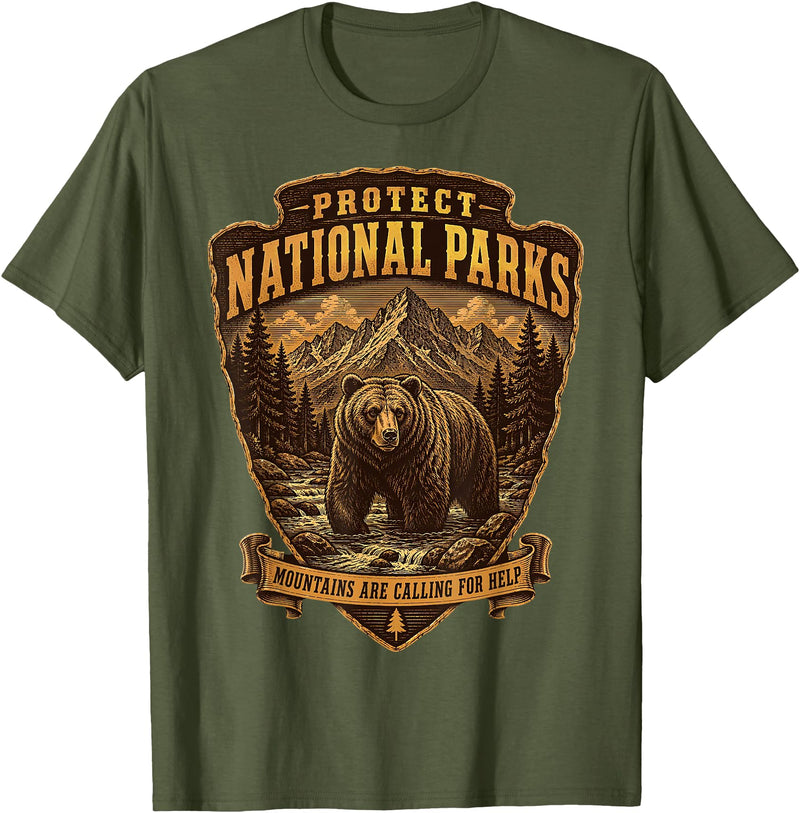 National Parks Conservation Co Protect National Parks Bear Vintage Arrowhead Badge Apparel T-Shirt - Olive Green