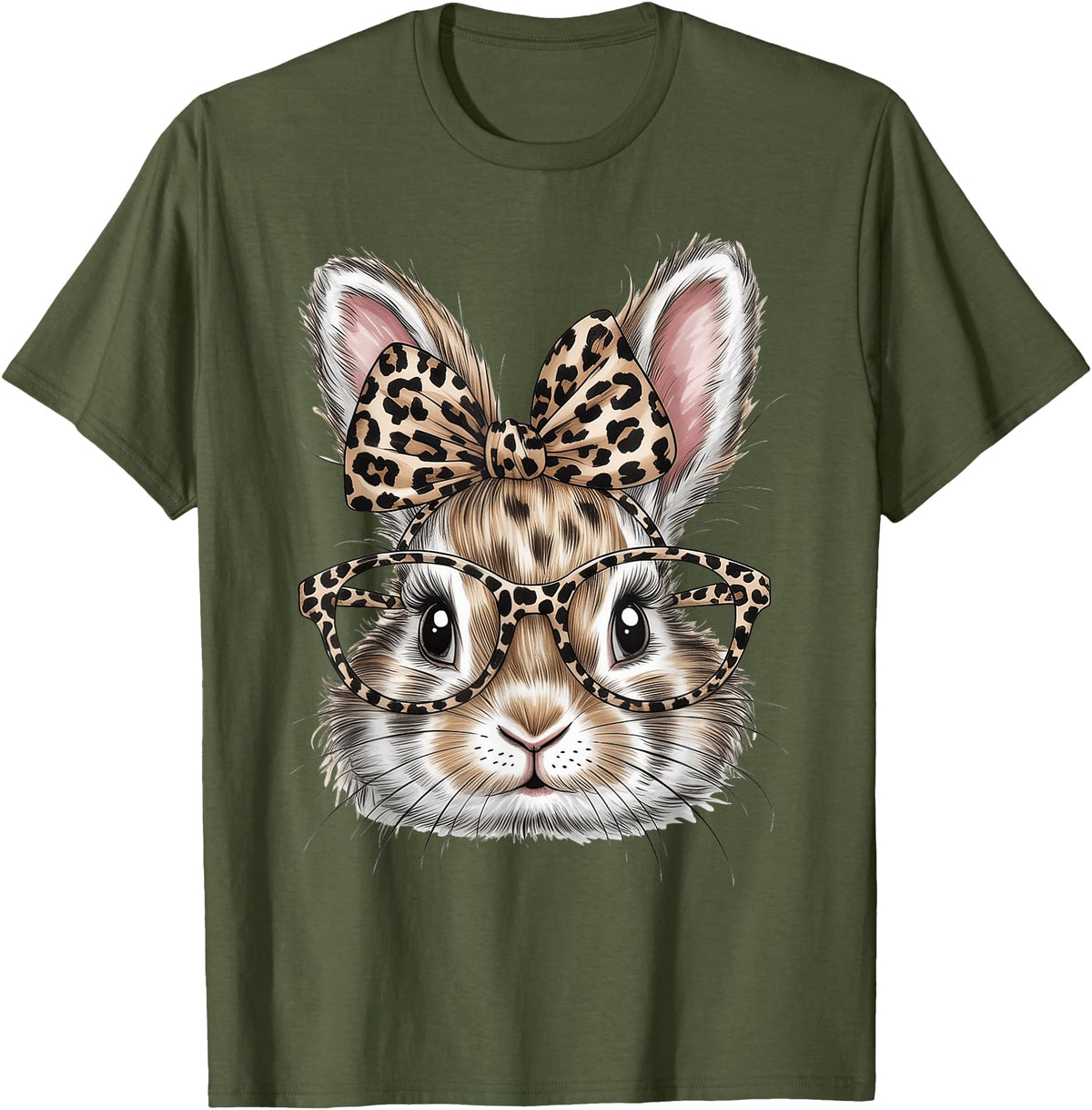 Bunny Face Glasses Bandana Leopard Rabbit Happy Easter T-Shirt in Olive Green