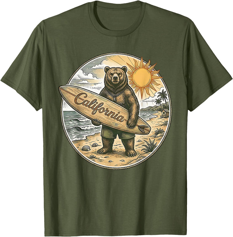 Retro Coastal Surf Bear Vintage Beach Apparel Vintage California Surf Bear Beach Retro Coastal Summer T-Shirt - Olive Green
