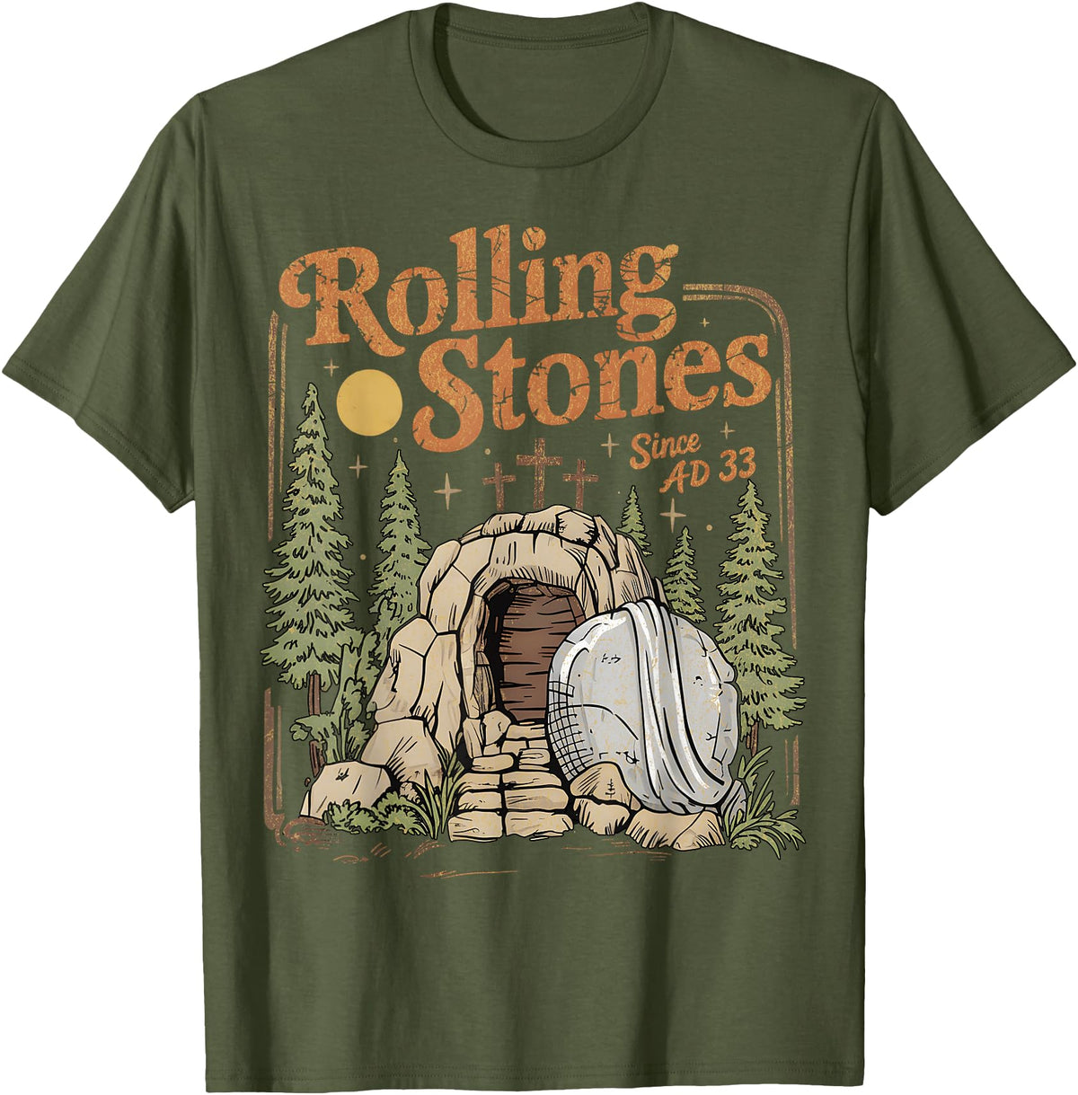 The Stone Was Rolled Away He Alive Retro Christian Easter T-Shirt in Olive Green