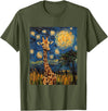 Giraffe Designs. Giraffe Africa Van Gogh Style Starry Night Cute Graphic T-Shirt - Olive Green