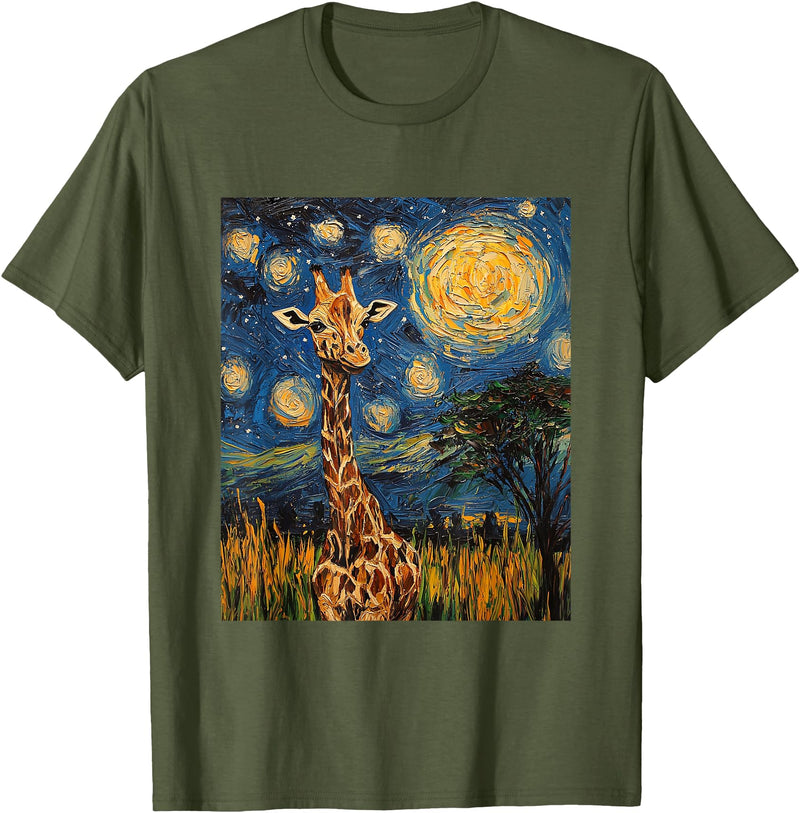 Giraffe Designs. Giraffe Africa Van Gogh Style Starry Night Cute Graphic T-Shirt - Olive Green