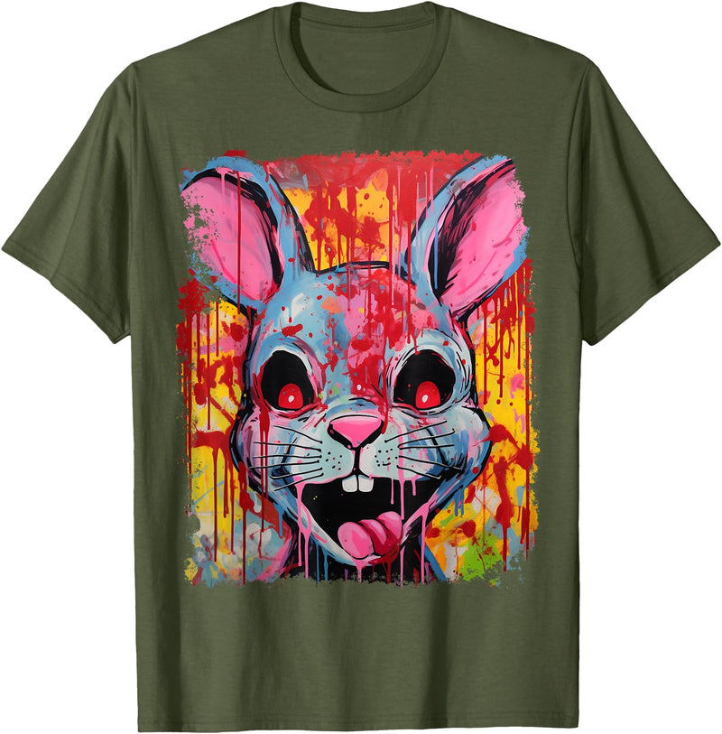 Pop Art Colorful Killer Bunny Rabbit Halloween T-Shirt in Olive Green