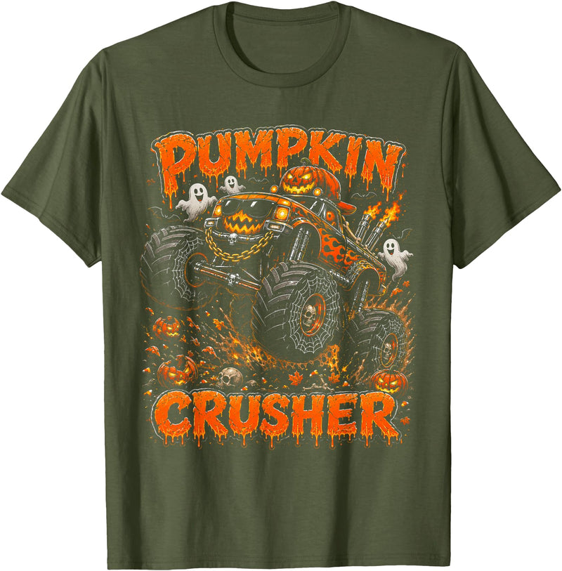 Pumpkin Crusher Kids Halloween Monster Truck Pumpkin Crusher Monster Truck Ghosts Halloween Boys T-Shirt - Olive Green