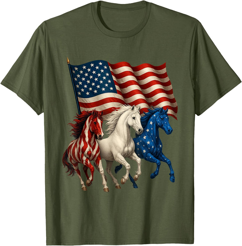 4th Of July Gifts by LD Patriotic Us Flag 4th of July Horse Lovers for Women Men T-Shirt - Olive Green
