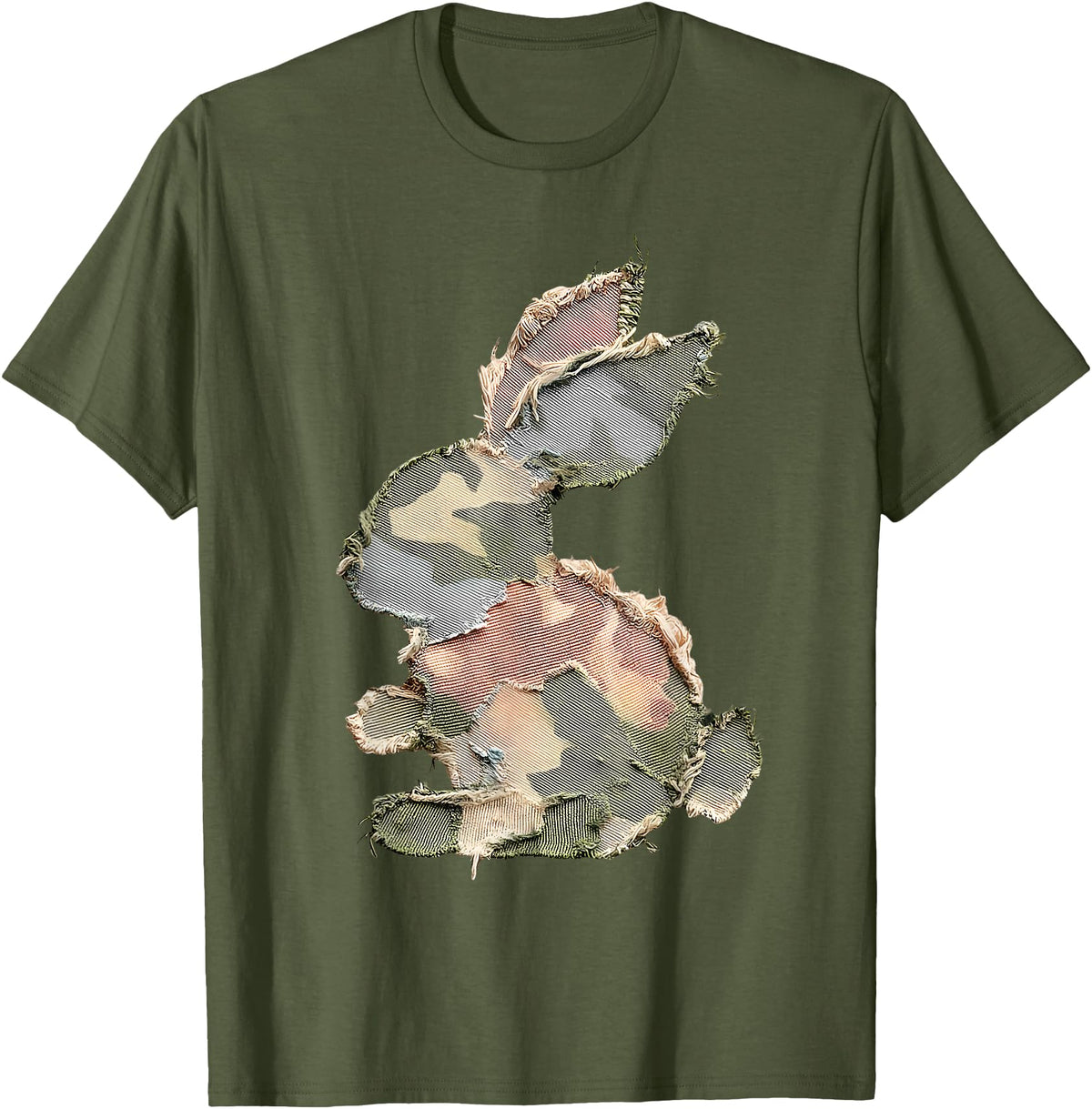 Funny Bunny Crochet Patchwork Camo Rabbit Happy Easter Day T-Shirt in Olive Green