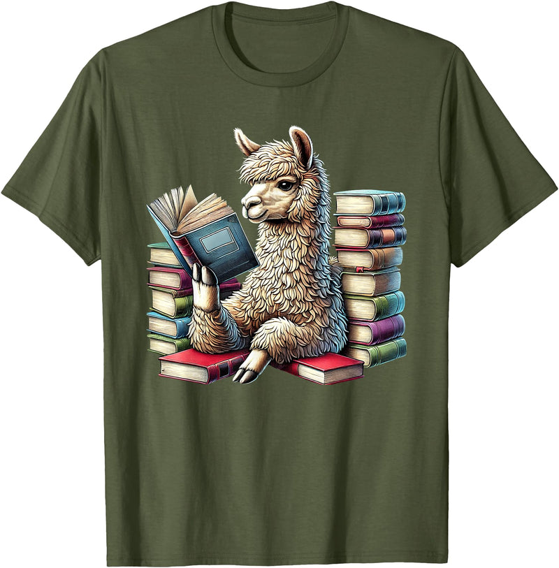 Llama Book Lover Llama Reading Book Reader Bookworm Alpaca Lover T-Shirt - Olive Green
