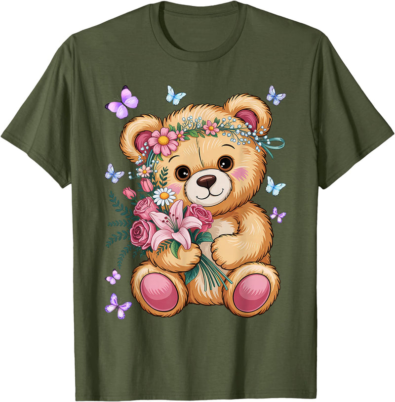 Bear Lover Gift Co. Cool Crowned Teddy Bear for Flowers Lovers T-Shirt - Olive Green