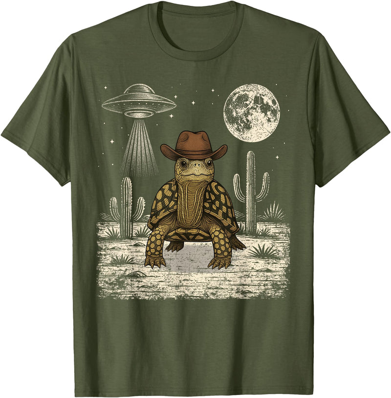 Retro Land Turtle Lover Halloween Moon Funny Eastern Box Turtle Cowboy Western UFO T-Shirt - Olive Green