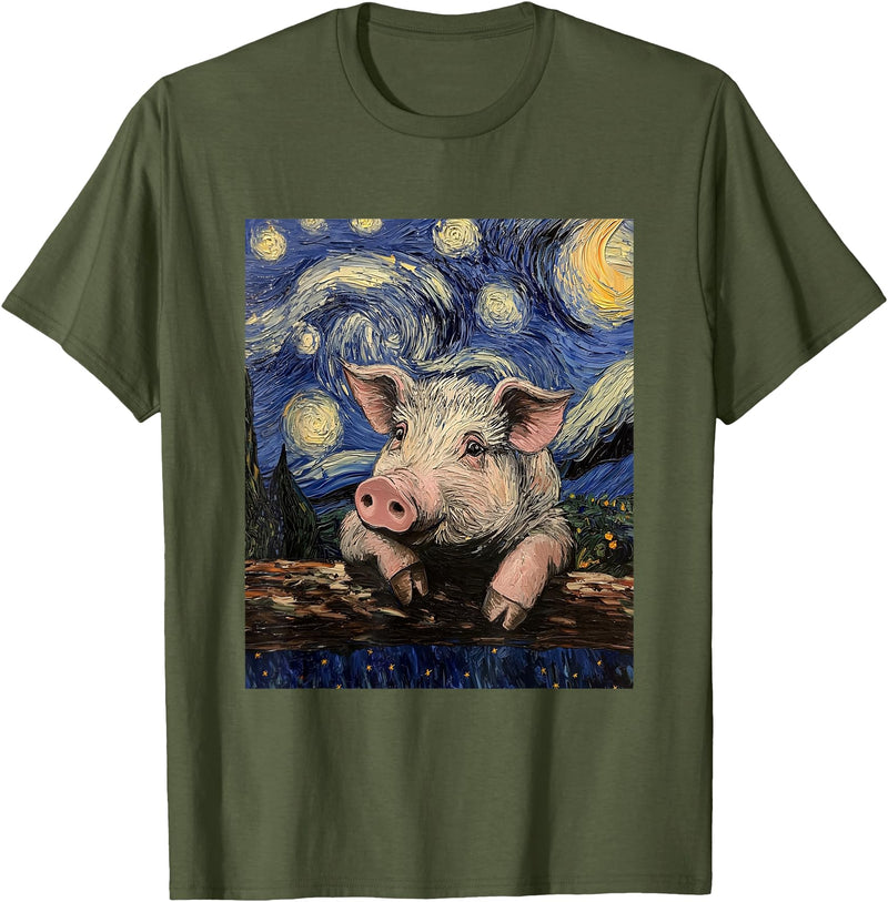Cute Pigs Designs. Cute Pig Funny Van Gogh Style Starry Night Graphic T-Shirt - Olive Green