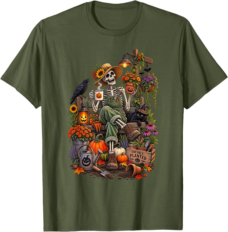 Halloween Gardening Lover Apparel & Gifts Outlet Freshly Planted Skeleton Gardener Halloween T-Shirt - Olive Green
