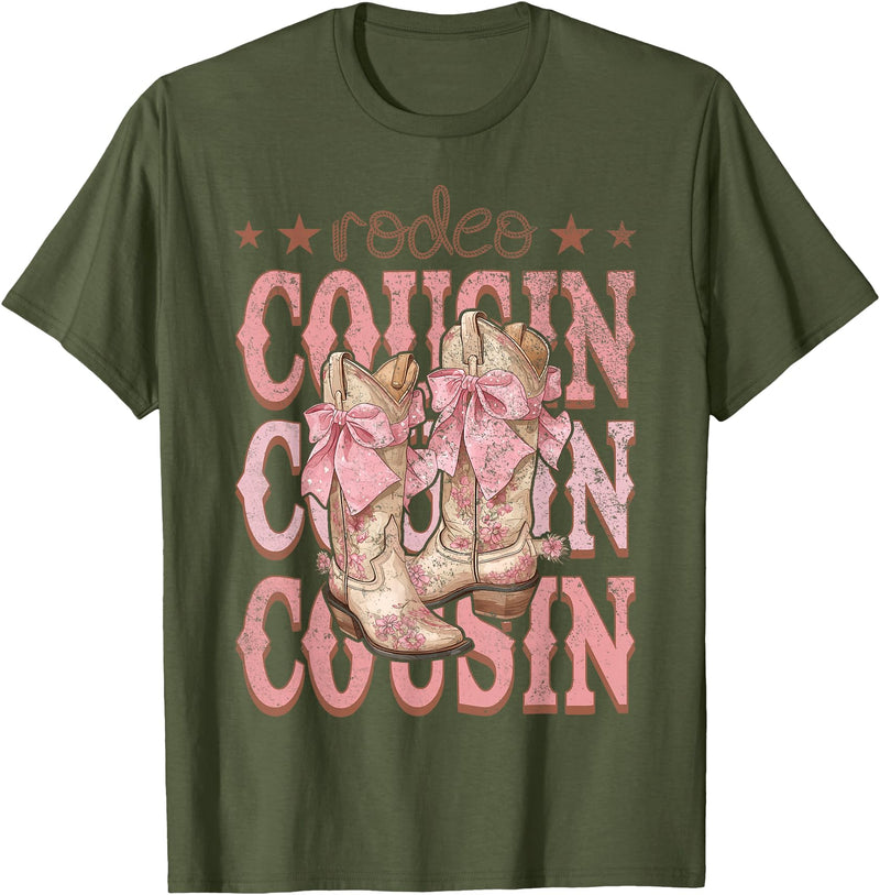 Country CowGirl Western Family Matching Rodeo Cousin Pink Boots Coquette Cow-Girl Birthday Party T-Shirt - Olive Green