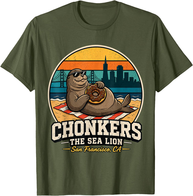 Chonkers The Sea Lion San Francisco Funny Seal Tee Chonkers The Sea Lion San Francisco Funny Seal T-Shirt - Olive Green