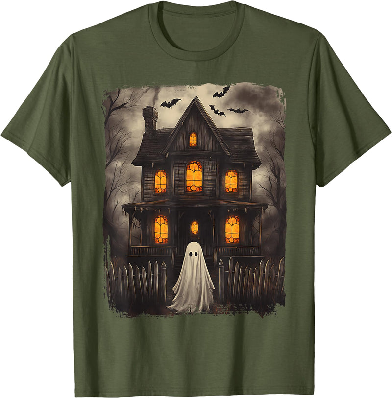 Vintage Haunted House Ghost Halloween Costumes Vintage Ghost Haunted House Scary Halloween Costume Spooky T-Shirt - Olive