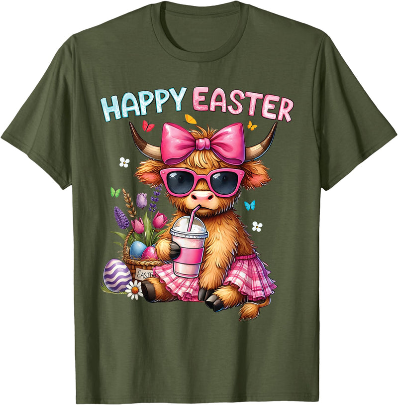 Farm Animal Highland Cow easter Gifts Happy Easter Day Highland Cow Cute Holiday Bunny Women Kids T-Shirt - Olive Green