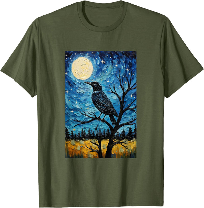 Bird Designs. Magpie Crow Raven Bird Van Gogh Style Starry Night Graphic T-Shirt - Olive Green