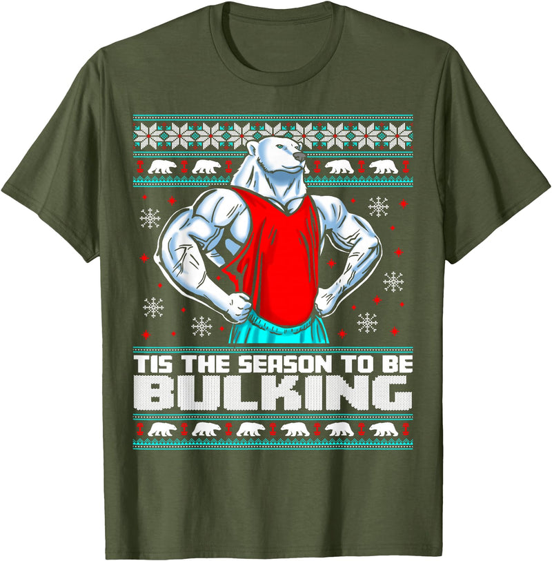 Skyvora Polar Bear Funny Ugly Christmas Sweater Gym Workout Lifting T-Shirt - Olive Green