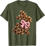 Funny Bunny Leopard Crochet Rabbit Easter Day Coquette Bow T-Shirt in Olive Green