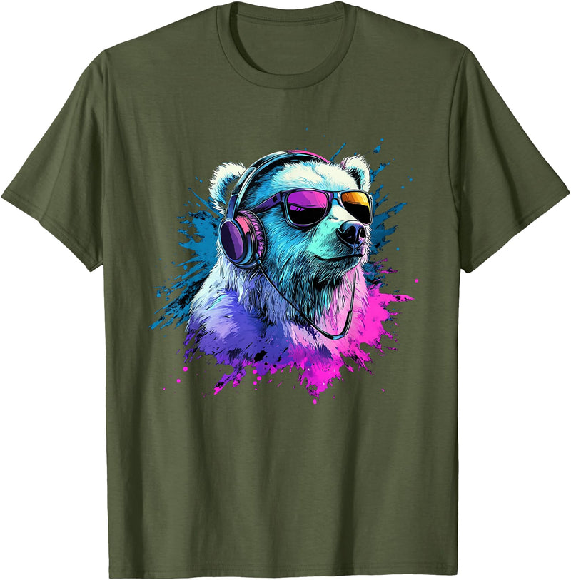 Colorful Artistic Polar Bear Animal Motifs Polar Bear Colorful Music Headphones Artistic Polar Bears T-Shirt - Olive Green