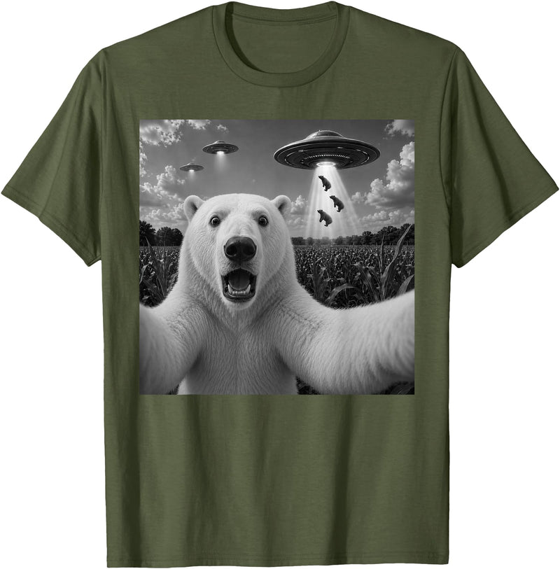 Retro Polar Bear Selfie with UFOs Meme Polar Bear Selfie with UFO Alien Funny T-Shirt - Olive Green