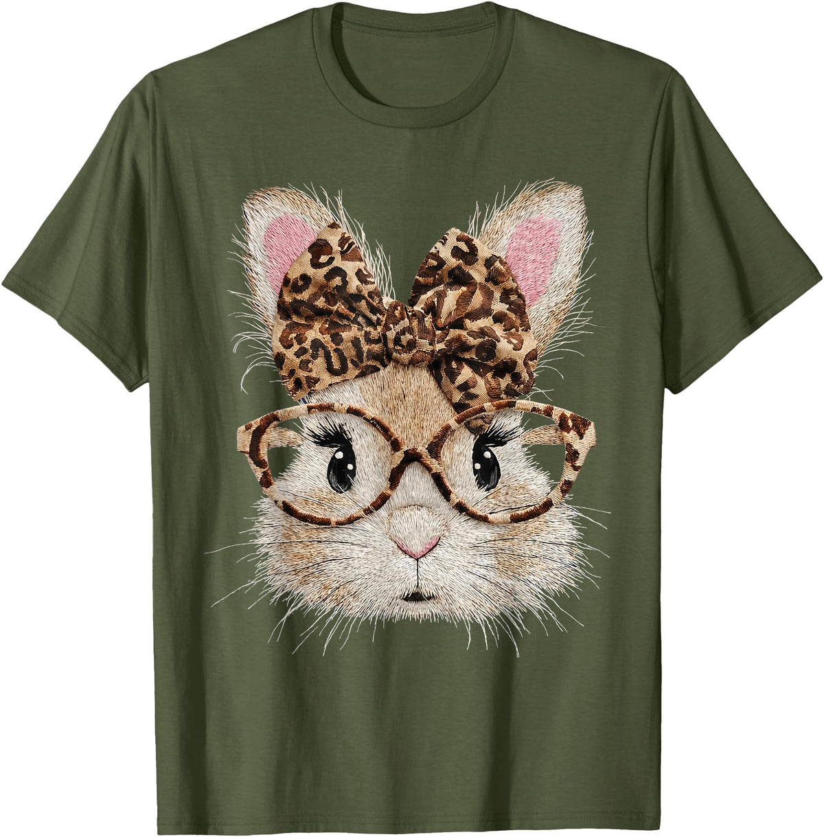 Cute Bunny Rabbit Face Leopard Coquette Bow Glasses Easter T-Shirt in Olive Green