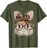 Cute Bunny Rabbit Face Leopard Coquette Bow Glasses Easter T-Shirt in Olive Green
