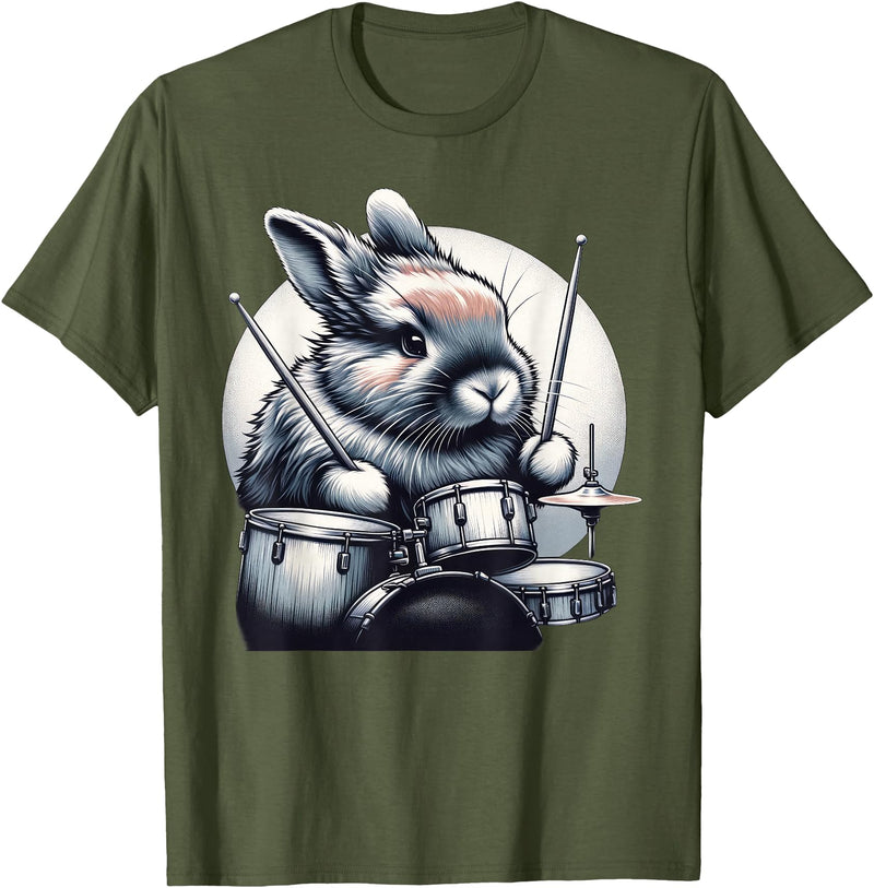 Cute Rabbit Bunny Playing Drums Rabbits Drummer Music T-Shirt in Olive Green