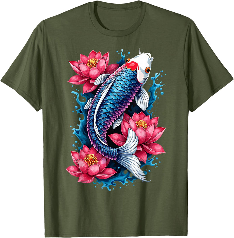 Funny Koi Fish Lover Koi Fish Lotus Flower Japanese Art T-Shirt - Olive Green