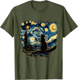 Cat Starry Night Van Gogh Cat T-Shirt for Cat Lovers, Women, Unisex, Black, Small, Short Sleeve, Classic Fit