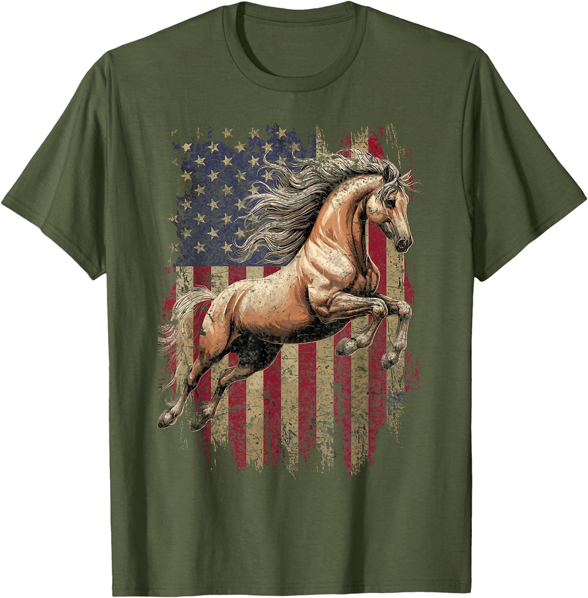 USA Flag Horse Lover Horse American Flag USA 4th of July Horses T-Shirt - Olive Green