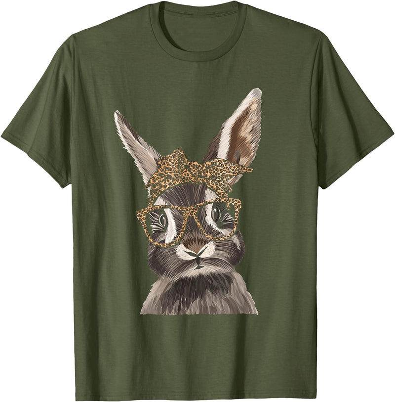 Cute Nerd Easter Bunny Mom Leopard Bandana Rabbit Easter T-Shirt in Olive Green