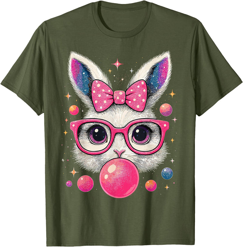 Easter Day Bunny Tie Dye Rabbit Face Glasses Girl Easter T-Shirt in Olive Green