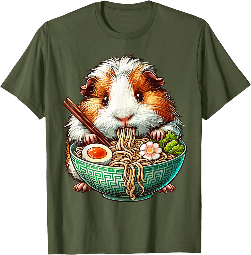Cute Guinea Pig Gifts Guinea Pig Eating Ramen Japanese Noodles T-Shirt - Olive Green