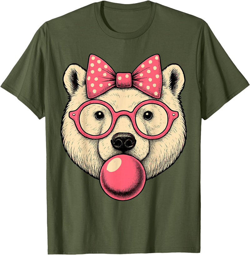 Magical and Funny Polar Bear Gifts Polar Bear with Bubblegum and Pink Bow T-Shirt - Olive Green